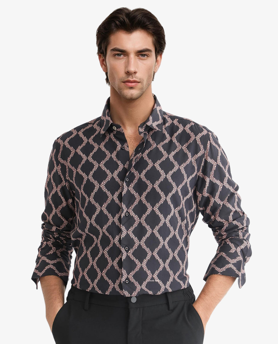 Rare Rabbit Men's Tulsa Black Viscose Geometric Print Regular Fit Full Sleeve Collared Shirt