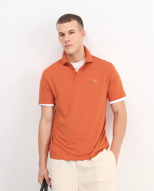 Rare Rabbit Men's Tunas Dark Rust Cotton Striped Print Regular Fit Half Sleeve Polo