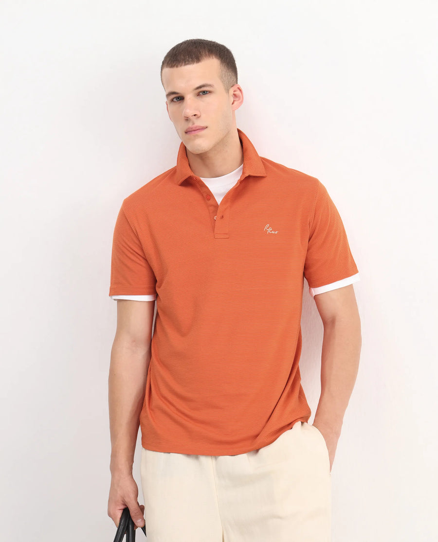 Rare Rabbit Men's Tunas Dark Rust Cotton Striped Print Regular Fit Half Sleeve Polo