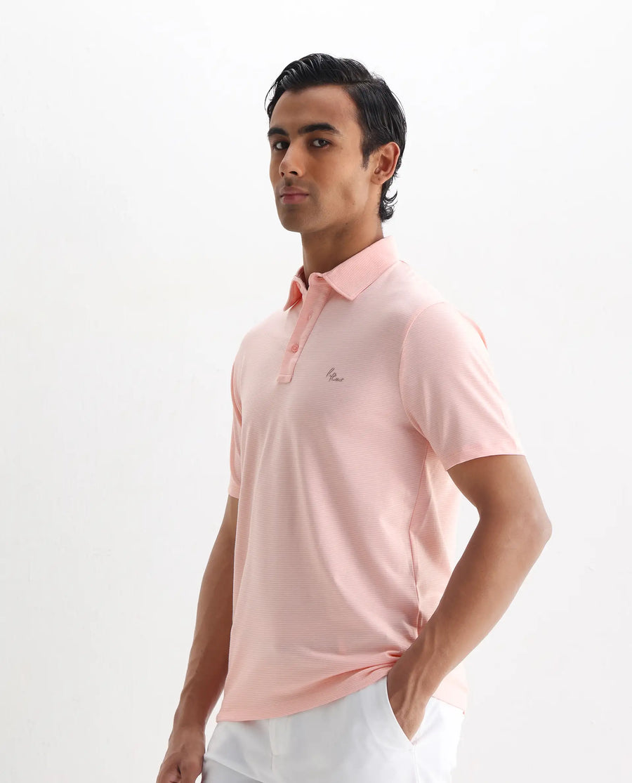 Rare Rabbit Men's Tunas Light Pink Cotton Striped Print Regular Fit Half Sleeve Polo