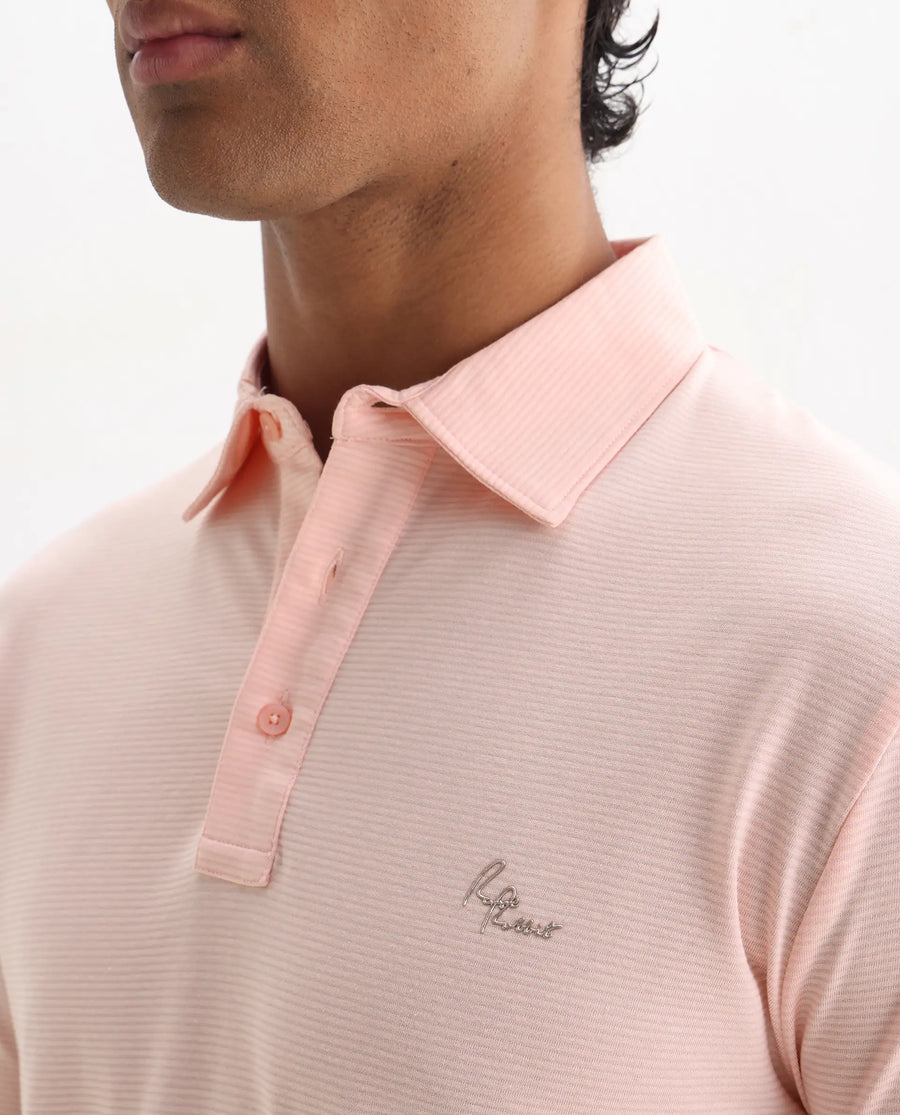 Rare Rabbit Men's Tunas Light Pink Cotton Striped Print Regular Fit Half Sleeve Polo
