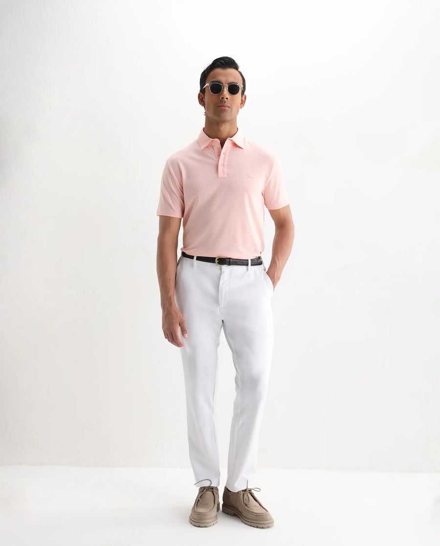 Rare Rabbit Men's Tunas Light Pink Cotton Striped Print Regular Fit Half Sleeve Polo