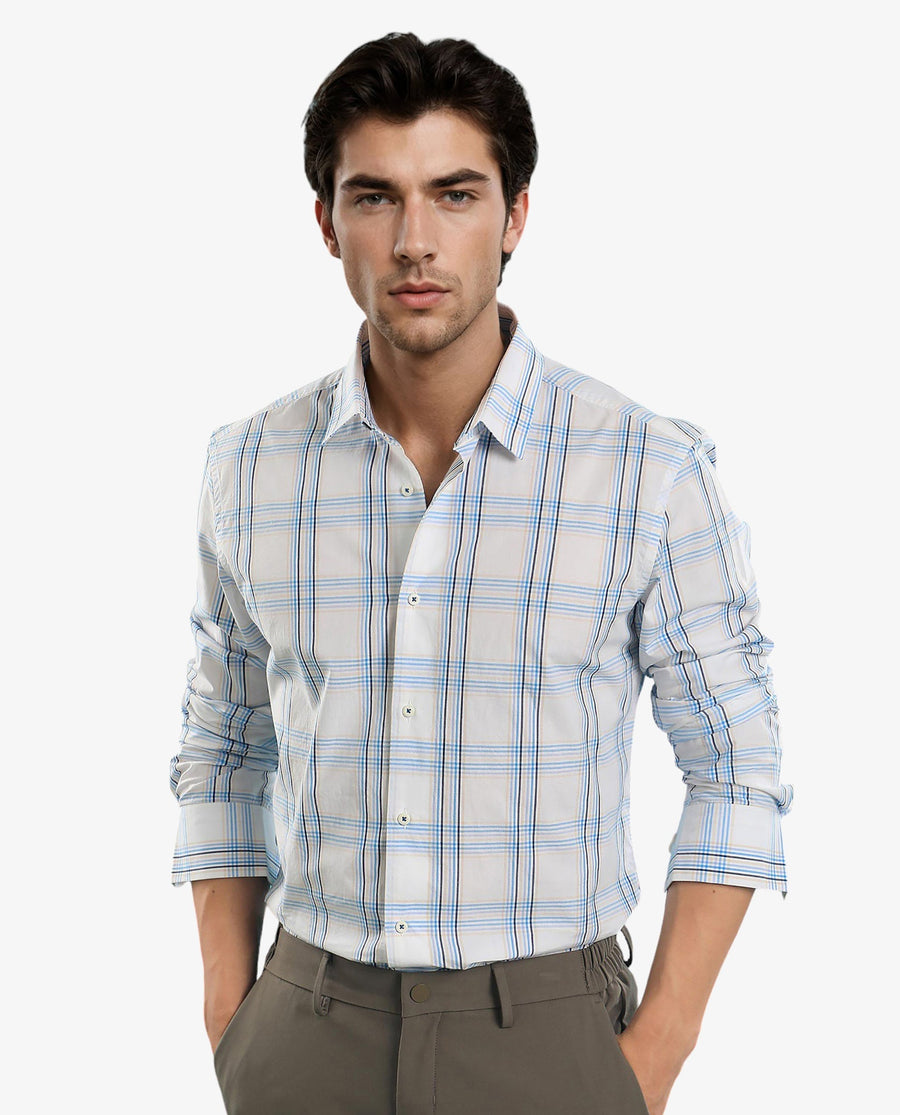 Rare Rabbit Men's Turvo White Cotton Checked Print Regular Fit Full Sleeve Collared Shirt