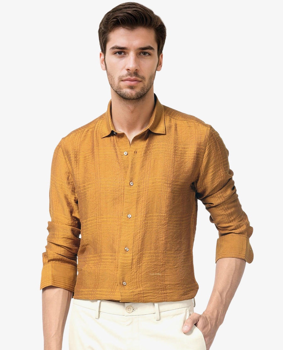 Rare Rabbit Men's Vagen Mustard Viscose Checked Print Regular Fit Full Sleeve Collared Shirt