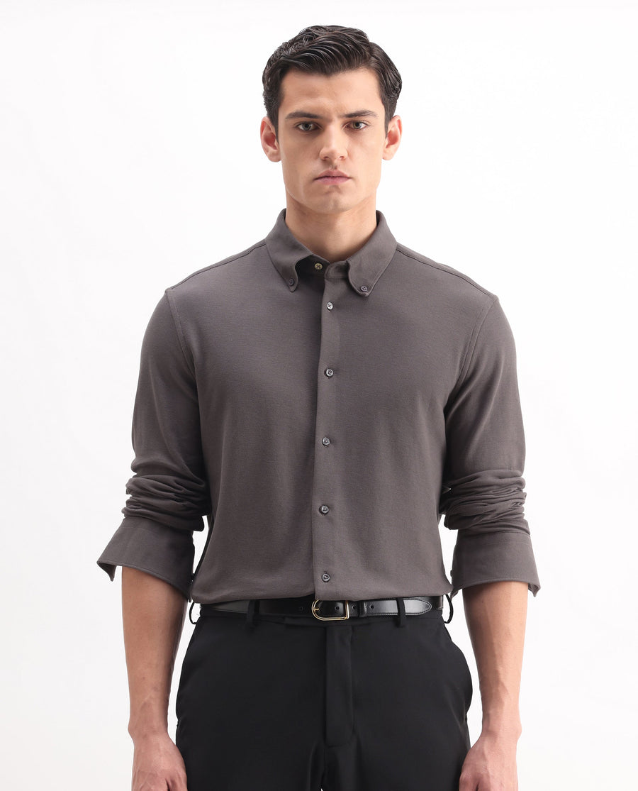 Rare Rabbit Men's Vane-25 Dusky Brown Cotton Plain Regular Fit Full Sleeve Button-Down Collar Shirt