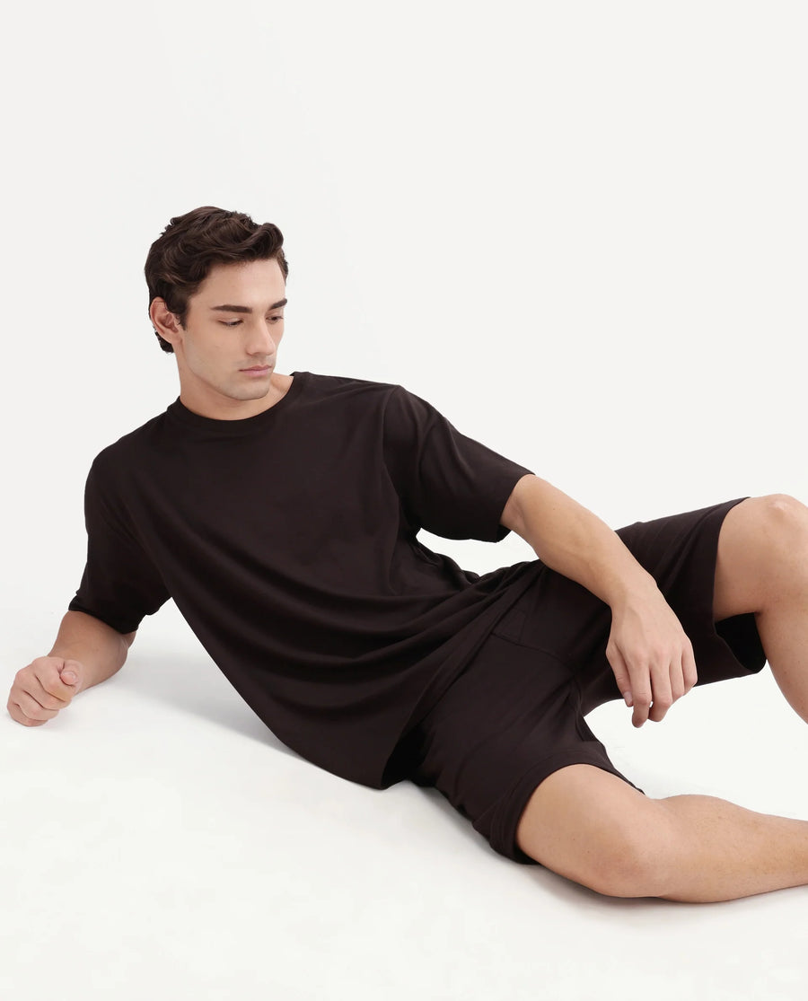 Rare Rabbit Men's Vaux Dark Brown Cotton Modal Spandex Fabric Half Sleeve Regular Fit Plain T-Shirt