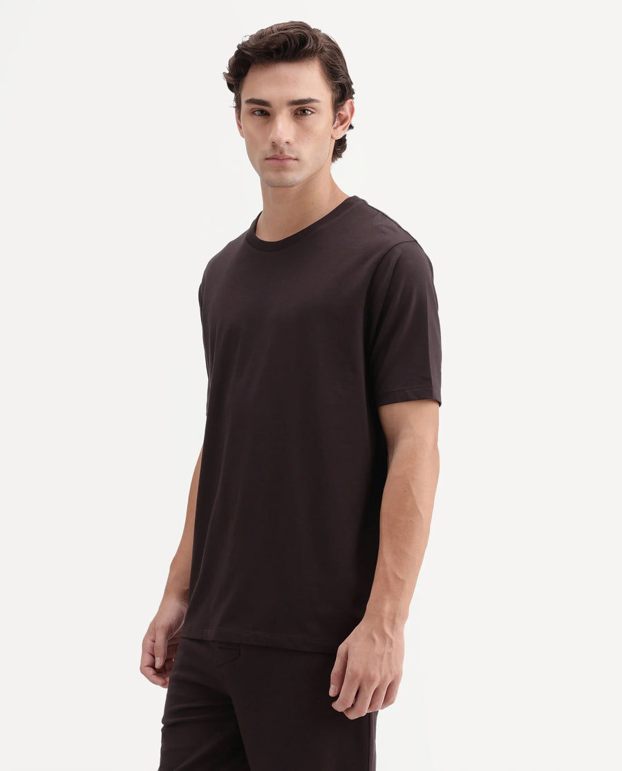 Rare Rabbit Men's Vaux Dark Brown Cotton Modal Spandex Fabric Half Sleeve Regular Fit Plain T-Shirt