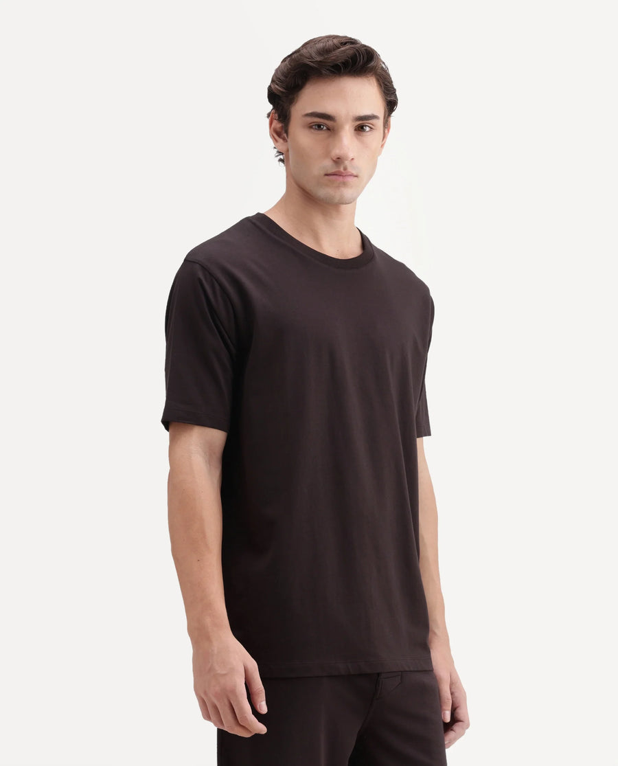 Rare Rabbit Men's Vaux Dark Brown Cotton Modal Spandex Fabric Half Sleeve Regular Fit Plain T-Shirt