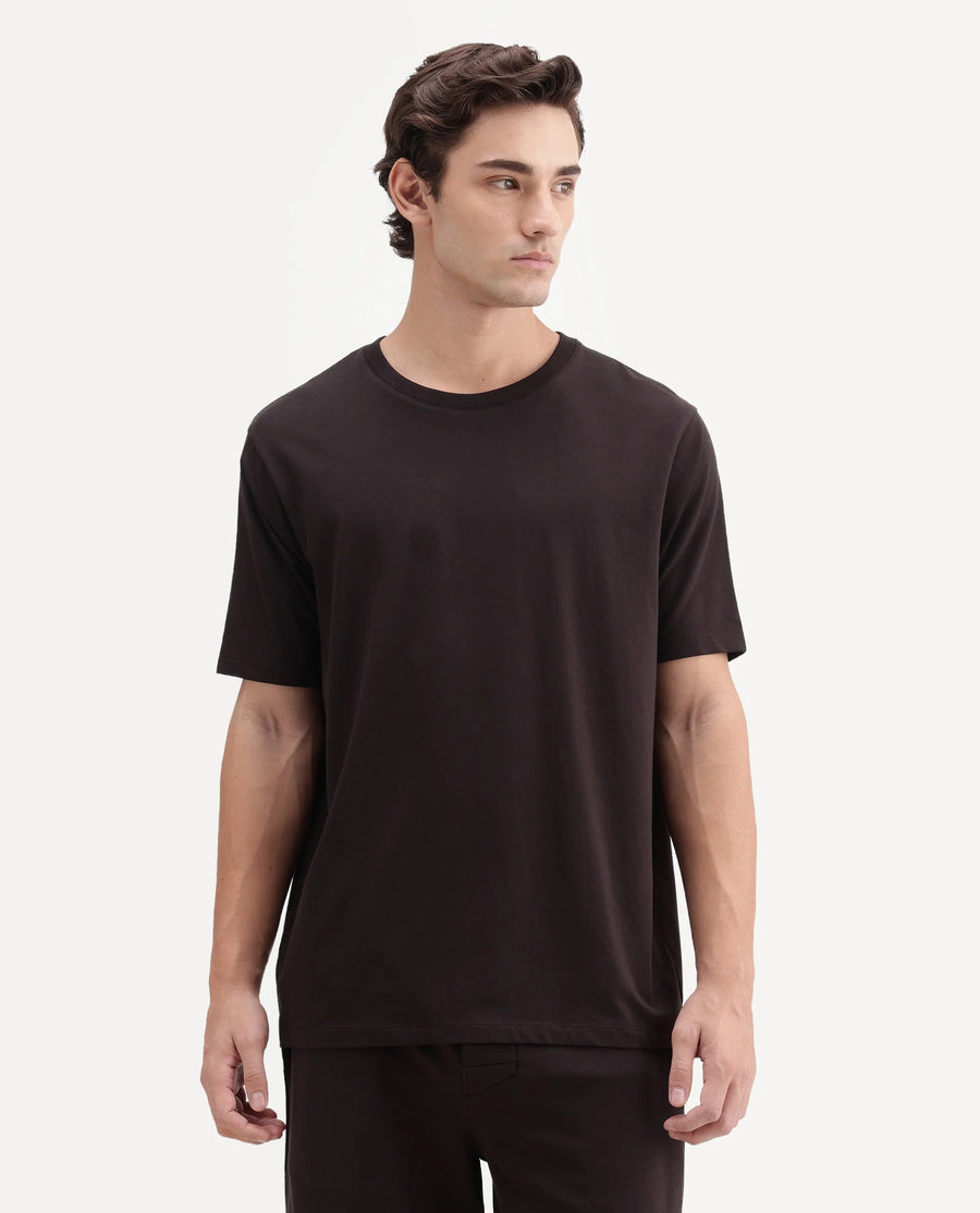 Rare Rabbit Men's Vaux Dark Brown Cotton Modal Spandex Fabric Half Sleeve Regular Fit Plain T-Shirt