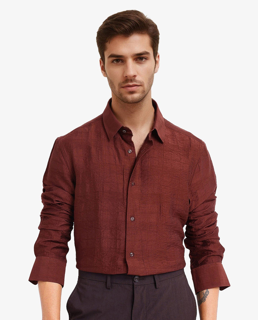 Rare Rabbit Men's Vaxon Rust Viscose Checked Print Regular Fit Full Sleeve Collared Shirt
