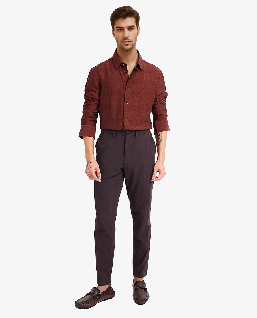 Rare Rabbit Men's Vaxon Rust Viscose Checked Print Regular Fit Full Sleeve Collared Shirt