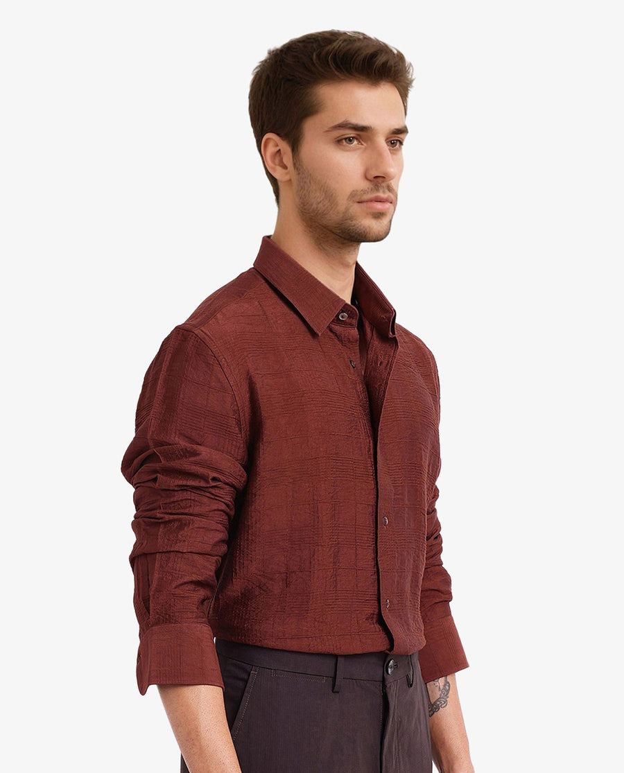 Rare Rabbit Men's Vaxon Rust Viscose Checked Print Regular Fit Full Sleeve Collared Shirt