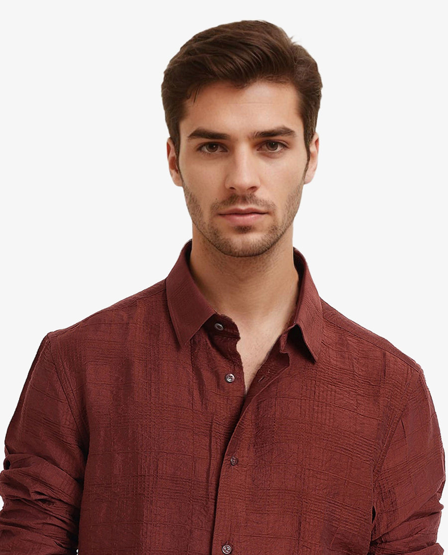 Rare Rabbit Men's Vaxon Rust Viscose Checked Print Regular Fit Full Sleeve Collared Shirt