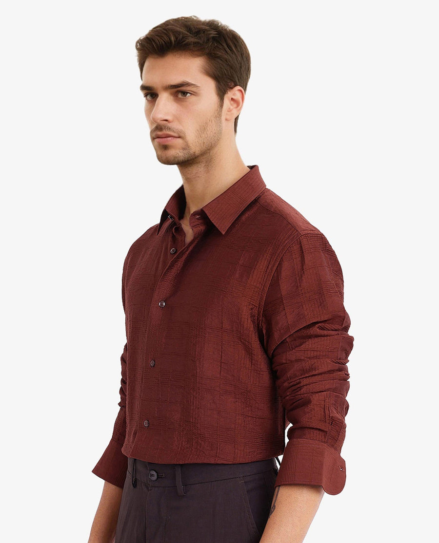 Rare Rabbit Men's Vaxon Rust Viscose Checked Print Regular Fit Full Sleeve Collared Shirt