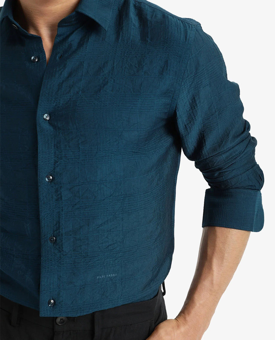 Rare Rabbit Men's Vaxon Teal Viscose Checked Print Regular Fit Full Sleeve Collared Shirt
