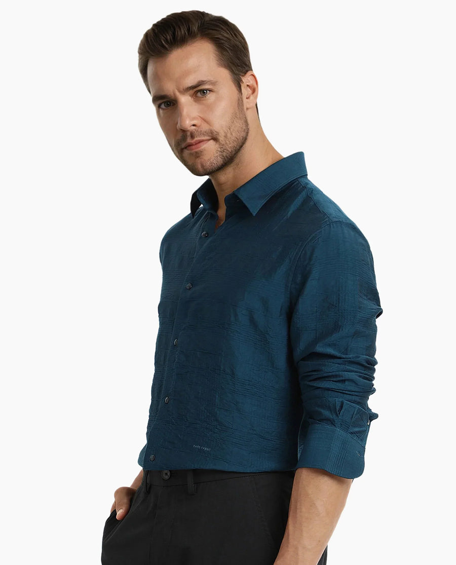 Rare Rabbit Men's Vaxon Teal Viscose Checked Print Regular Fit Full Sleeve Collared Shirt