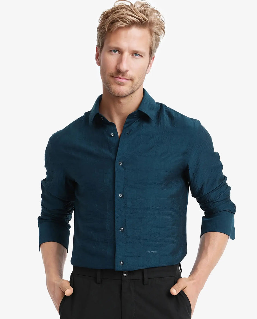 Rare Rabbit Men's Vaxon Teal Viscose Checked Print Regular Fit Full Sleeve Collared Shirt