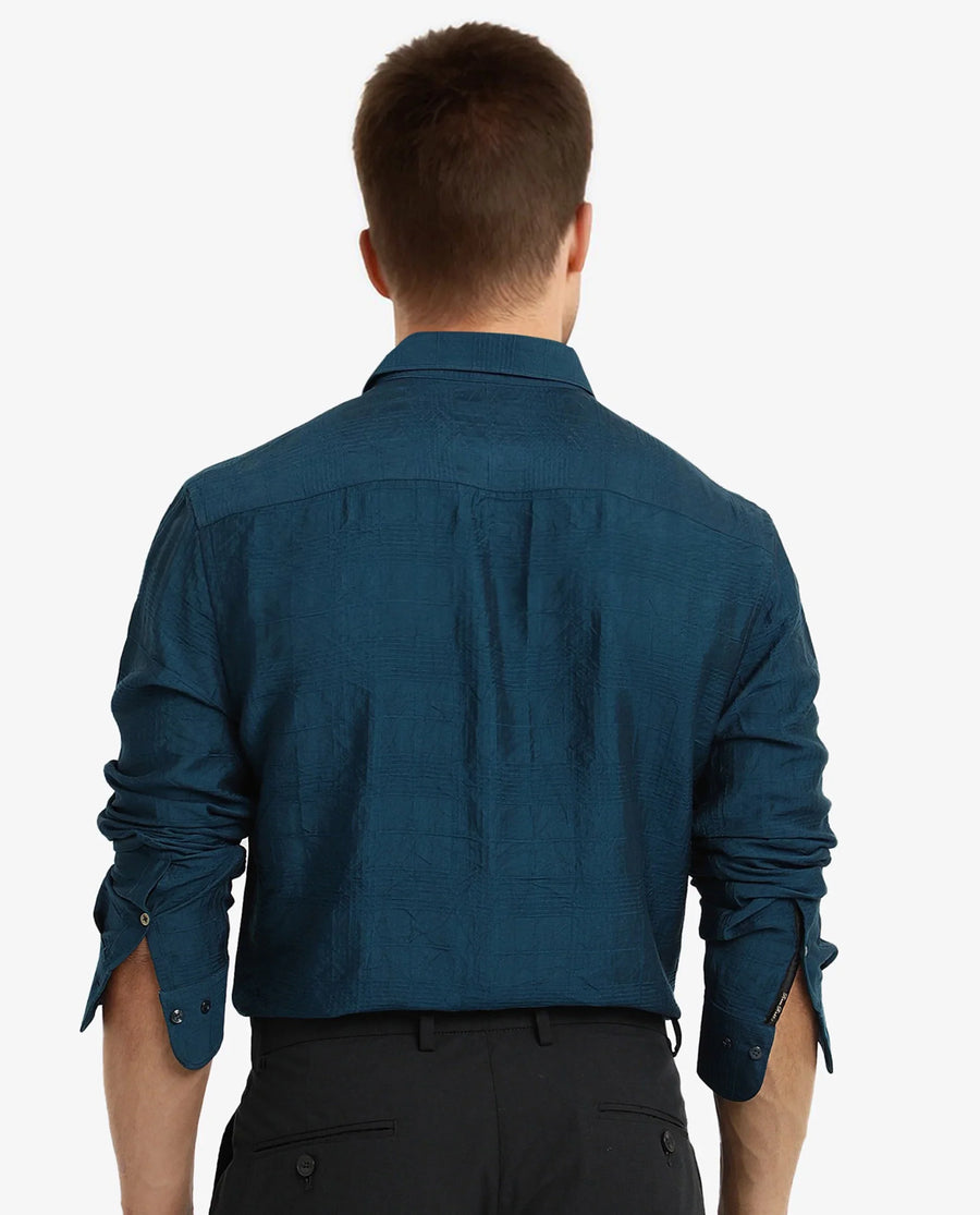 Rare Rabbit Men's Vaxon Teal Viscose Checked Print Regular Fit Full Sleeve Collared Shirt