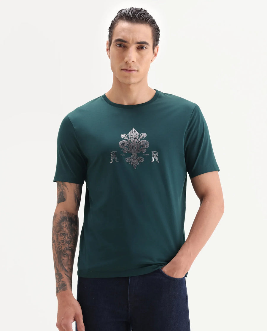 Rare Rabbit Men's Vaz Dark Teal Cotton Blend Graphic Print Regular Fit Half Sleeve Crew Neck T-Shirt