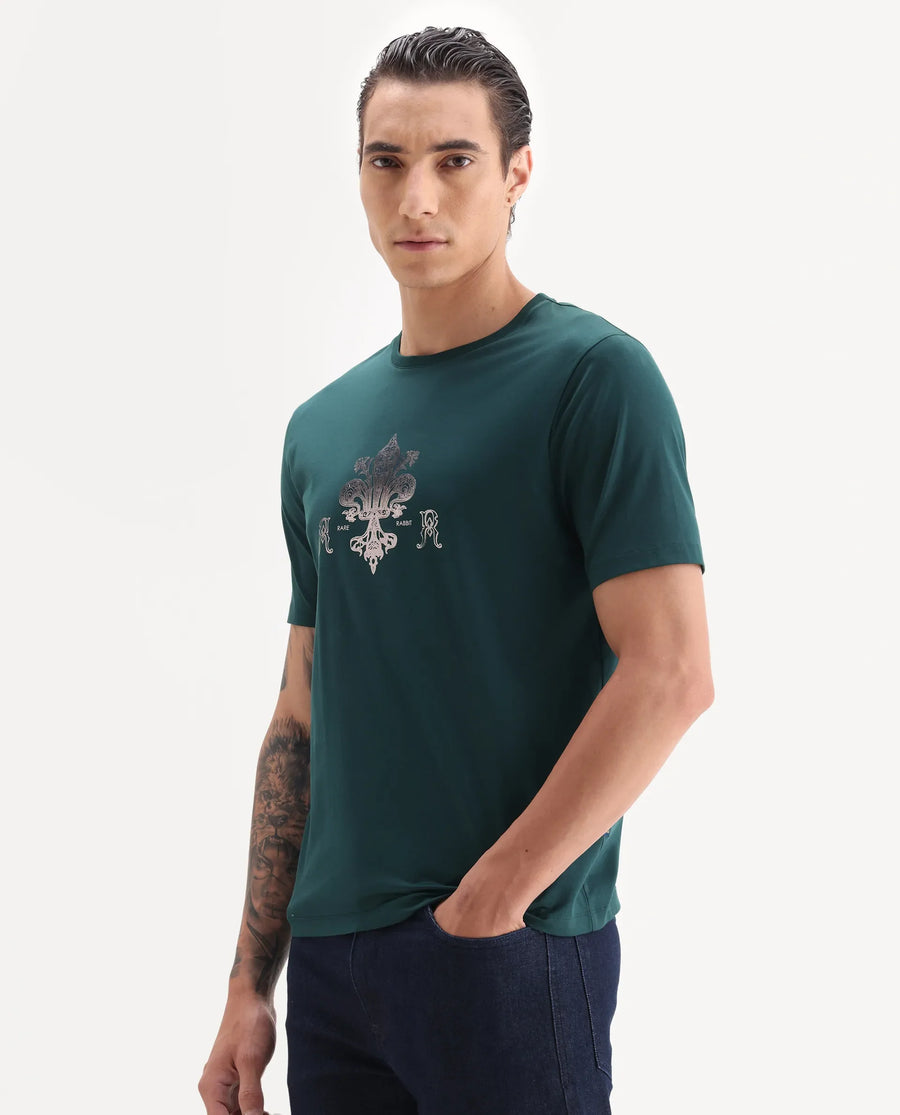 Rare Rabbit Men's Vaz Dark Teal Cotton Blend Graphic Print Regular Fit Half Sleeve Crew Neck T-Shirt