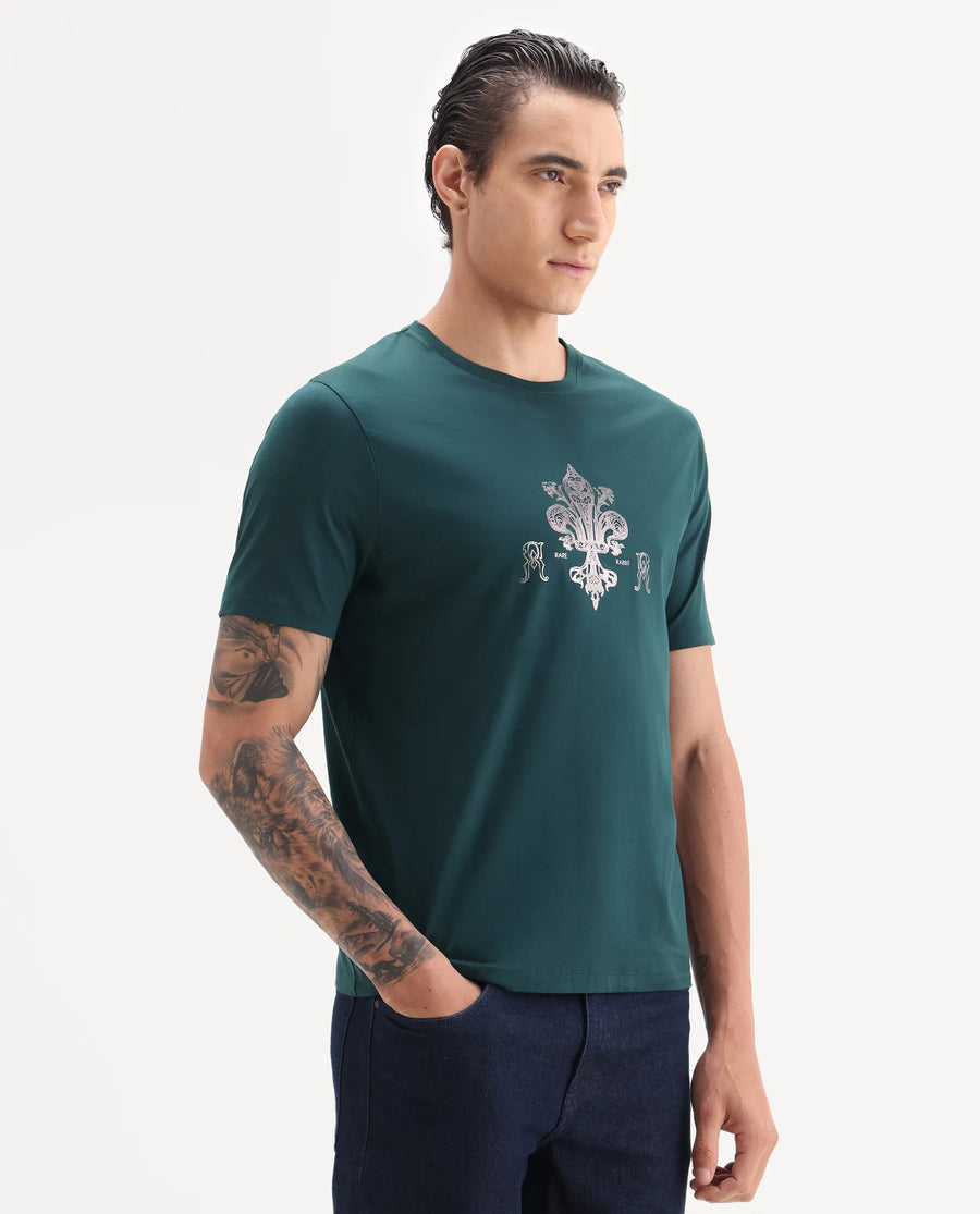 Rare Rabbit Men's Vaz Dark Teal Cotton Blend Graphic Print Regular Fit Half Sleeve Crew Neck T-Shirt