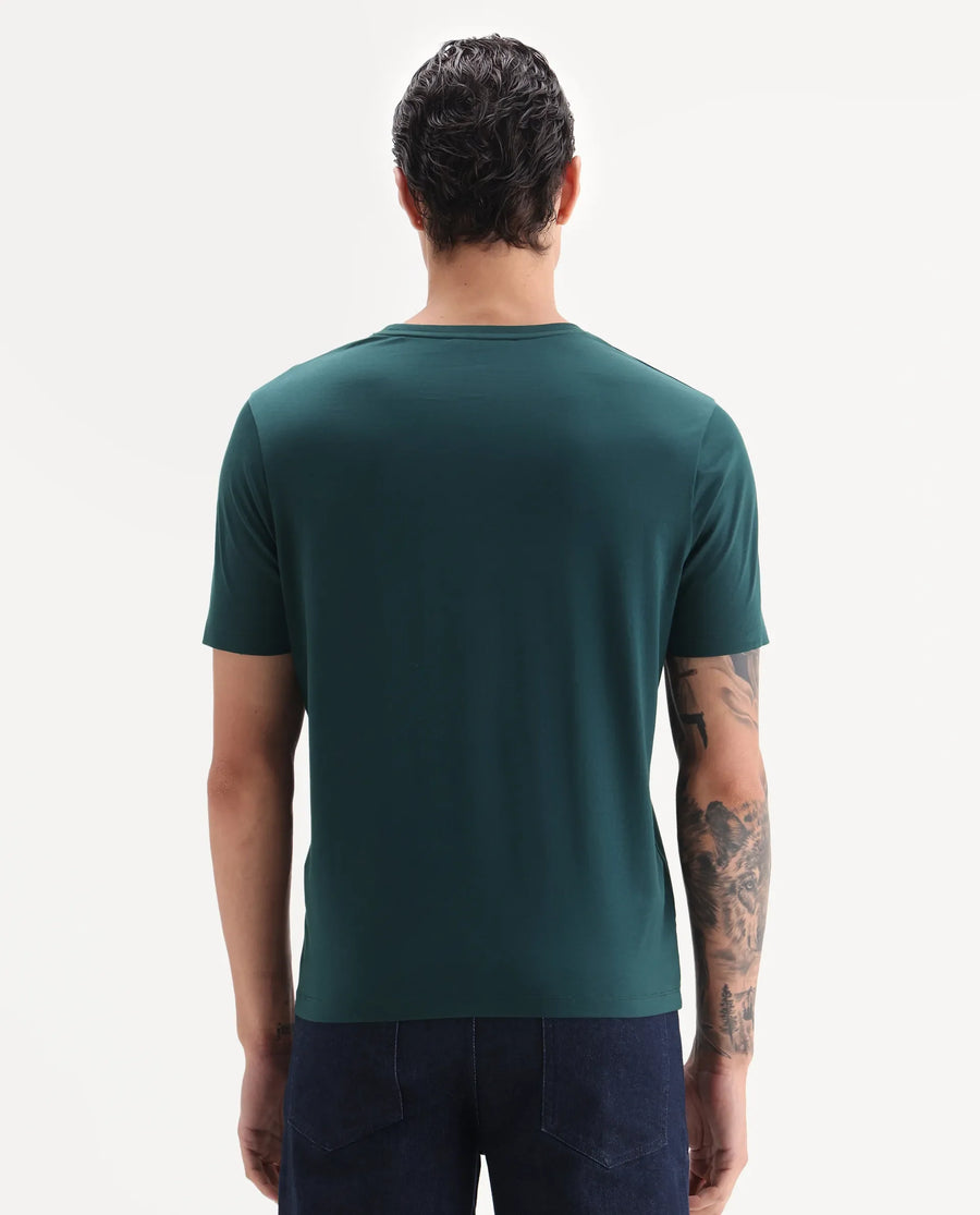 Rare Rabbit Men's Vaz Dark Teal Cotton Blend Graphic Print Regular Fit Half Sleeve Crew Neck T-Shirt