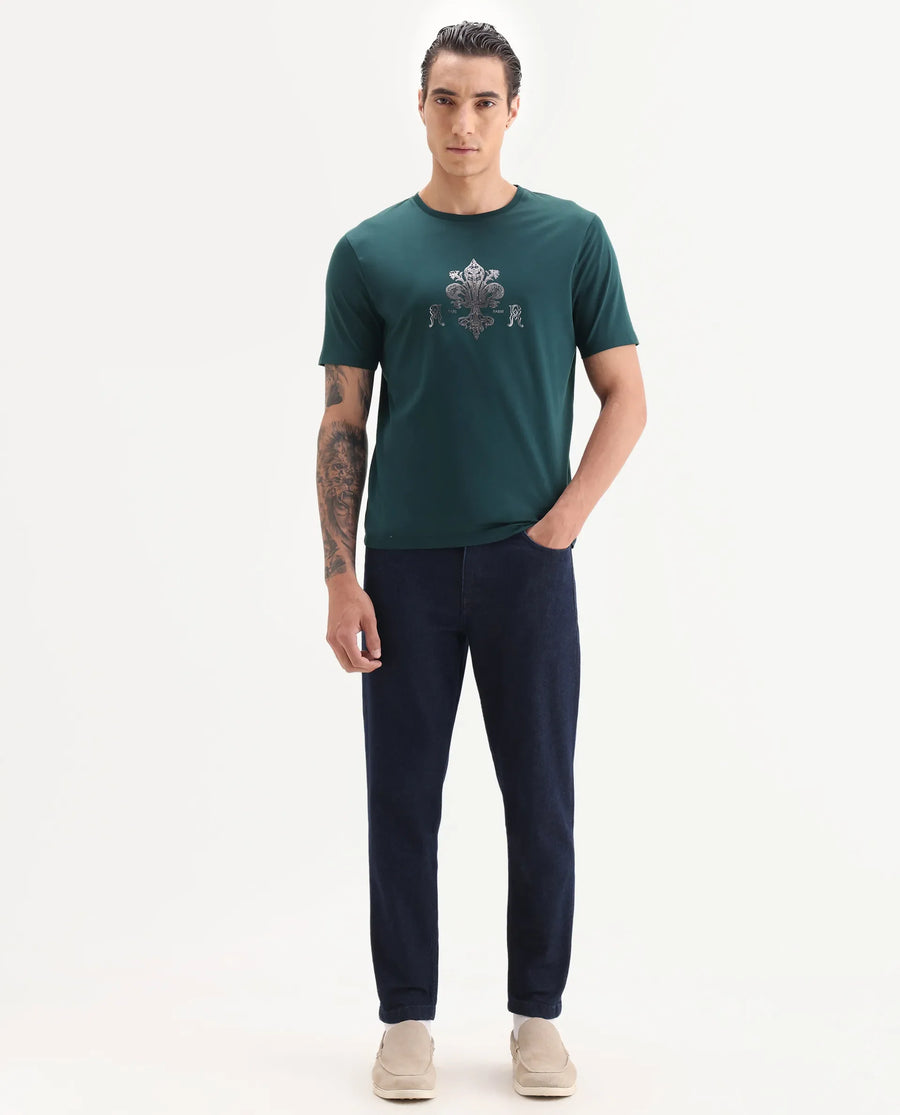 Rare Rabbit Men's Vaz Dark Teal Cotton Blend Graphic Print Regular Fit Half Sleeve Crew Neck T-Shirt