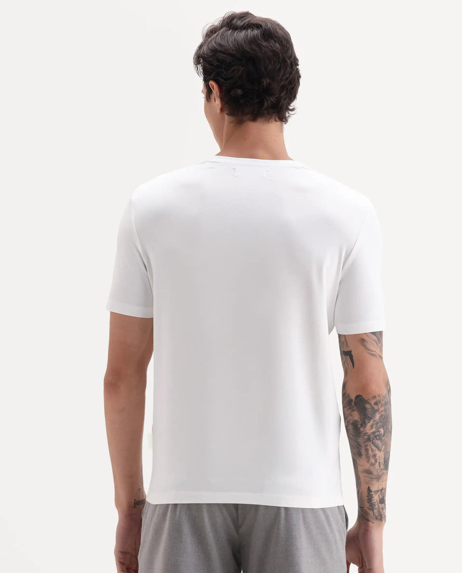 Rare Rabbit Men's Veltra Off White Cotton Blend Plain Regular Fit Half Sleeve Crew Neck T-Shirt