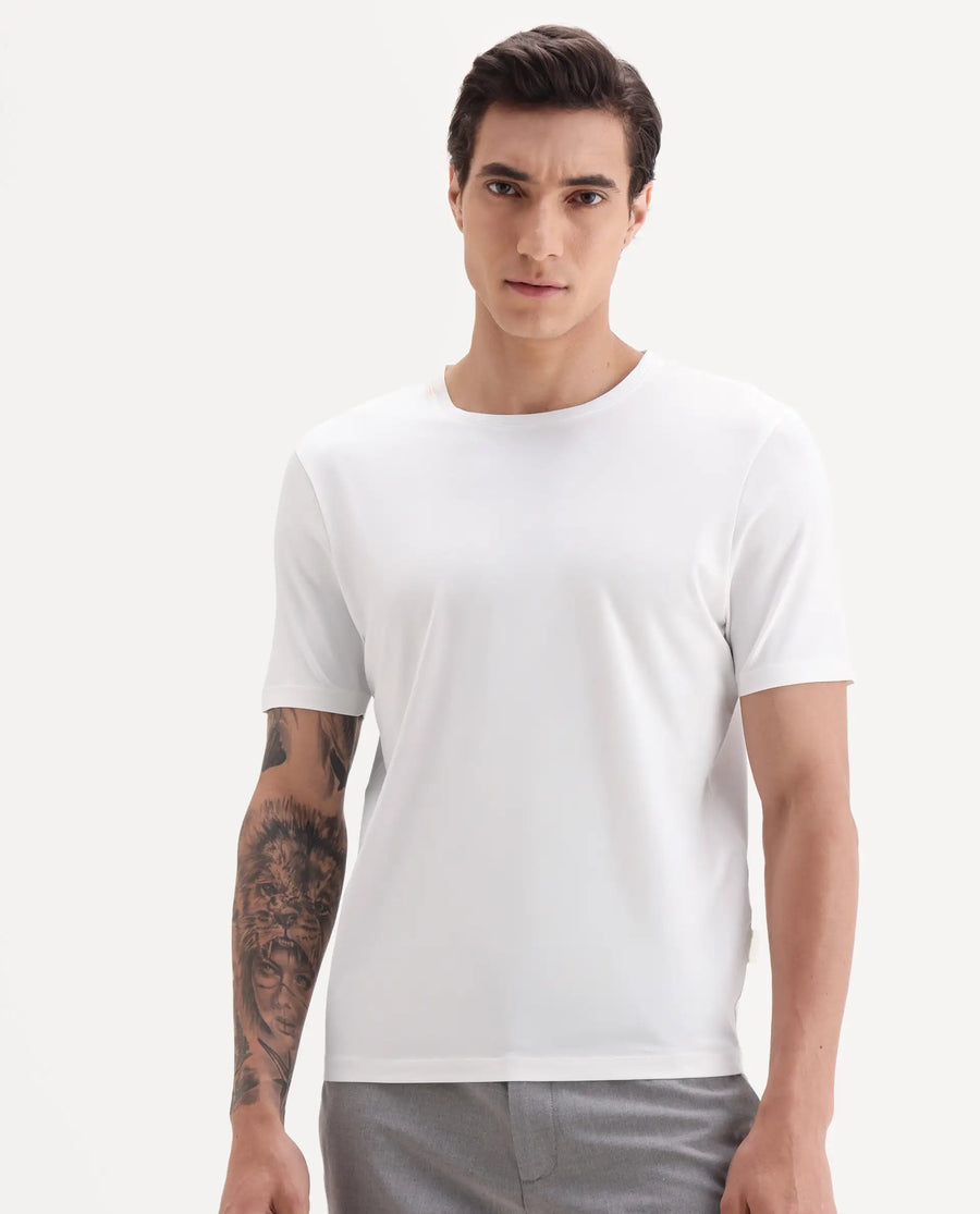 Rare Rabbit Men's Veltra Off White Cotton Blend Plain Regular Fit Half Sleeve Crew Neck T-Shirt