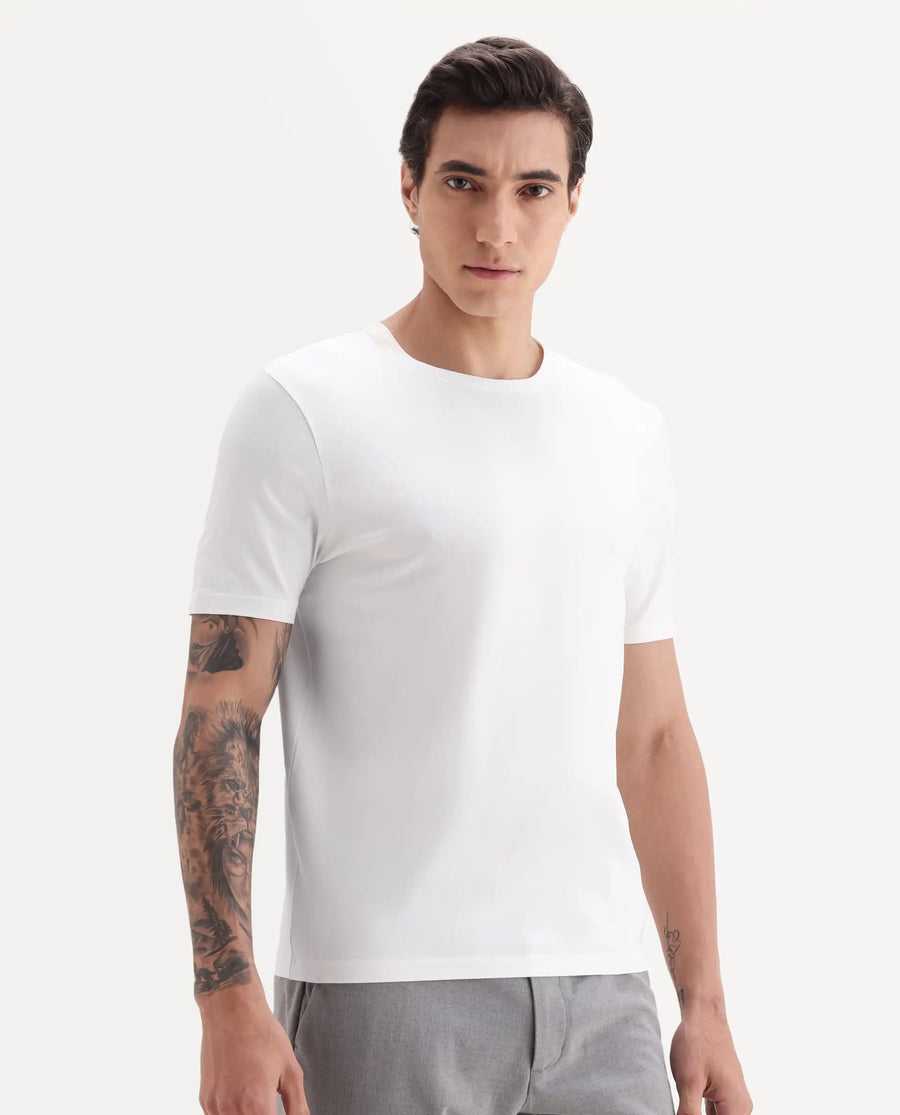 Rare Rabbit Men's Veltra Off White Cotton Blend Plain Regular Fit Half Sleeve Crew Neck T-Shirt