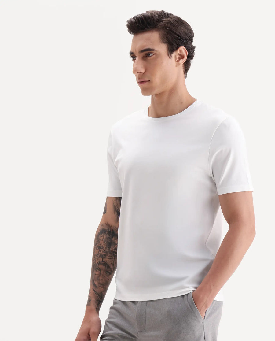 Rare Rabbit Men's Veltra Off White Cotton Blend Plain Regular Fit Half Sleeve Crew Neck T-Shirt