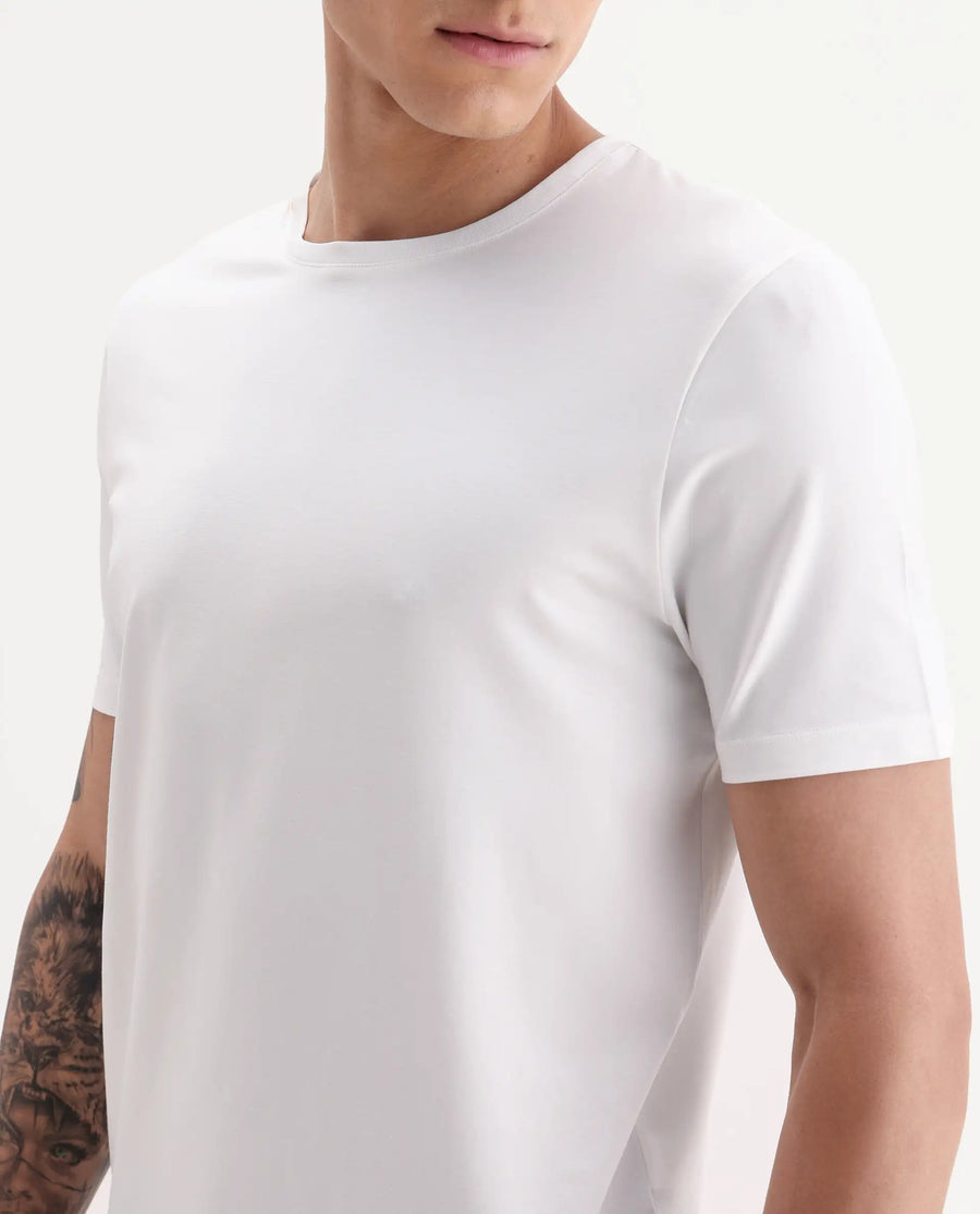Rare Rabbit Men's Veltra Off White Cotton Blend Plain Regular Fit Half Sleeve Crew Neck T-Shirt