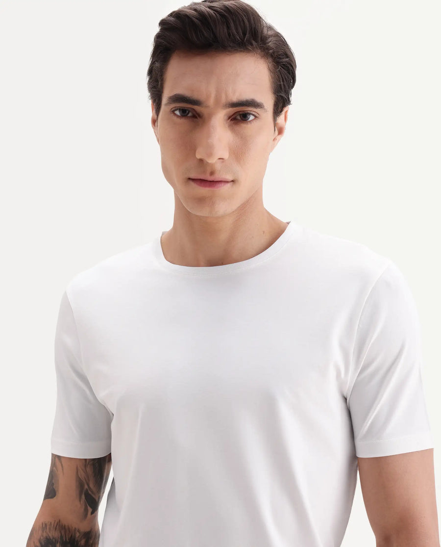 Rare Rabbit Men's Veltra Off White Cotton Blend Plain Regular Fit Half Sleeve Crew Neck T-Shirt