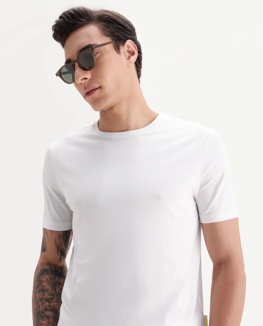 Rare Rabbit Men's Veltra Off White Cotton Blend Plain Regular Fit Half Sleeve Crew Neck T-Shirt