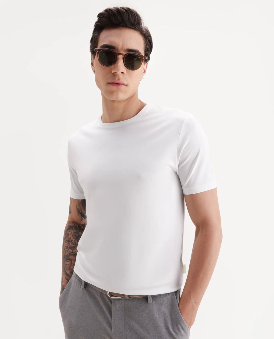 Rare Rabbit Men's Veltra Off White Cotton Blend Plain Regular Fit Half Sleeve Crew Neck T-Shirt