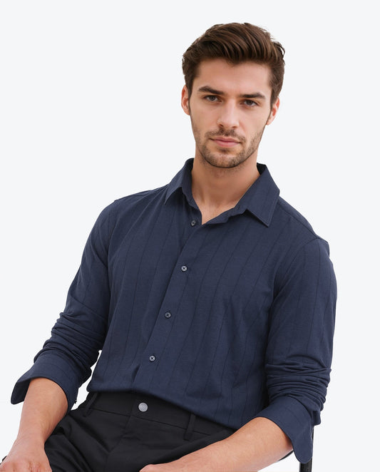 Rare Rabbit Men's Vert Ls Navy Cotton Plain Regular Fit Full Sleeve Collared Shirt