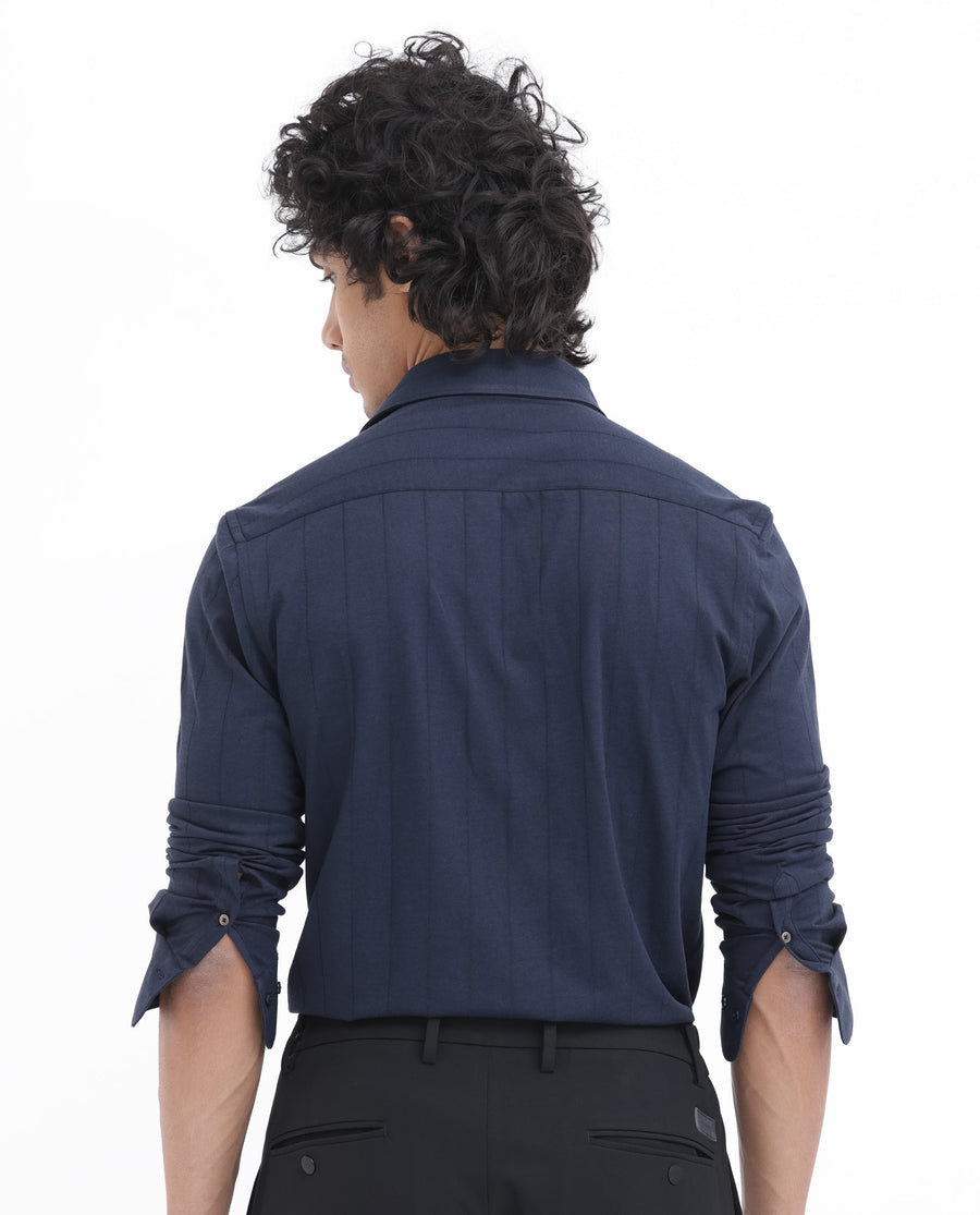 Rare Rabbit Men's Vert Ls Navy Cotton Plain Regular Fit Full Sleeve Collared Shirt