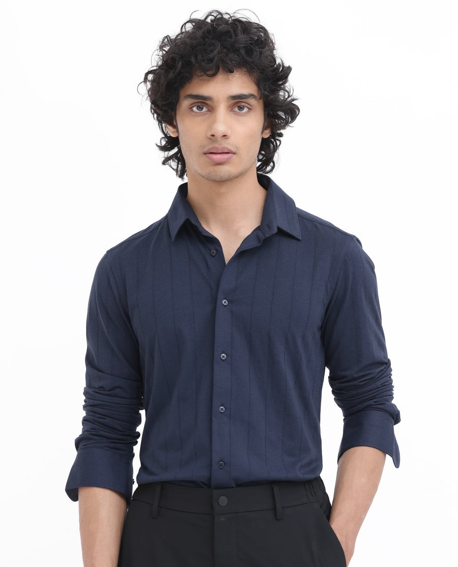 Rare Rabbit Men's Vert Ls Navy Cotton Plain Regular Fit Full Sleeve Collared Shirt