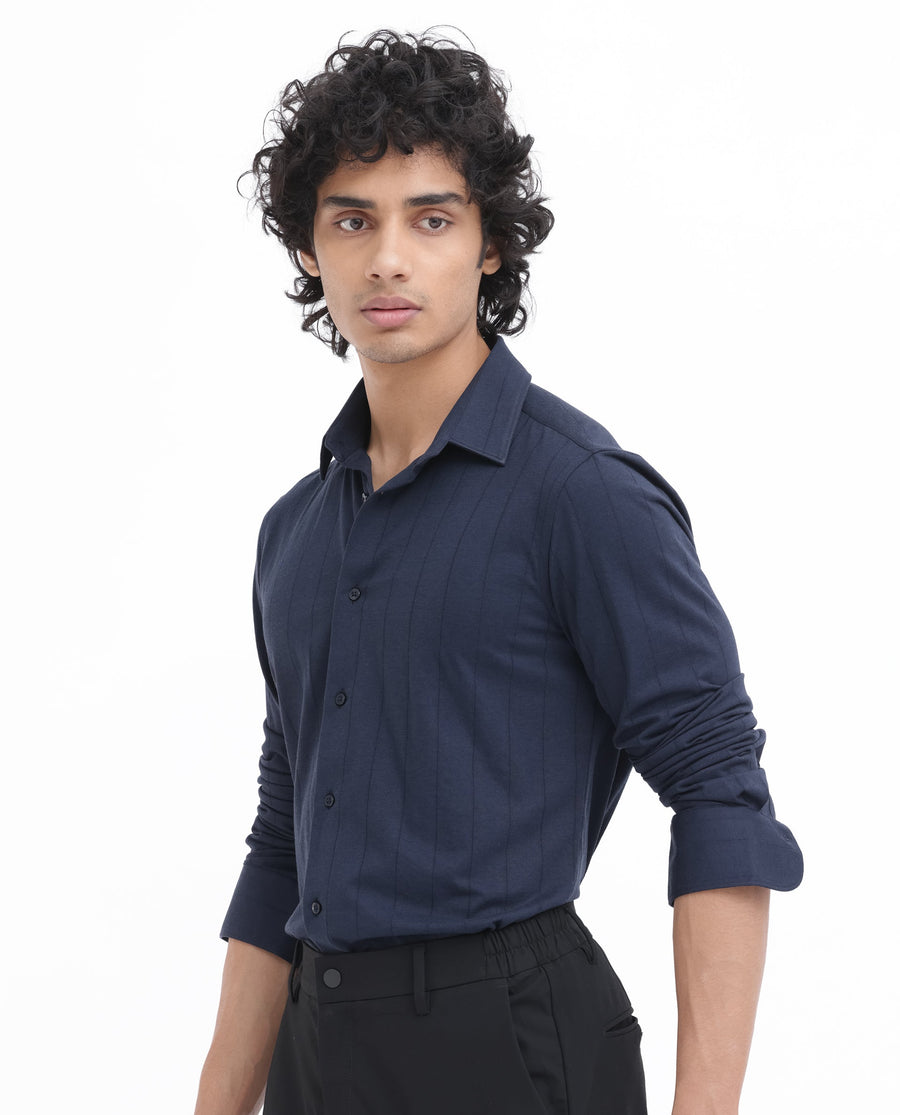 Rare Rabbit Men's Vert Ls Navy Cotton Plain Regular Fit Full Sleeve Collared Shirt