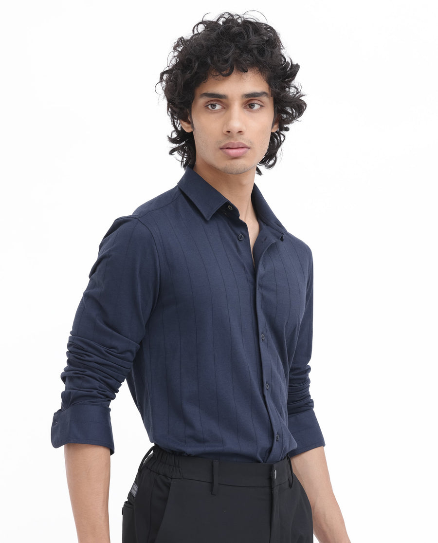 Rare Rabbit Men's Vert Ls Navy Cotton Plain Regular Fit Full Sleeve Collared Shirt