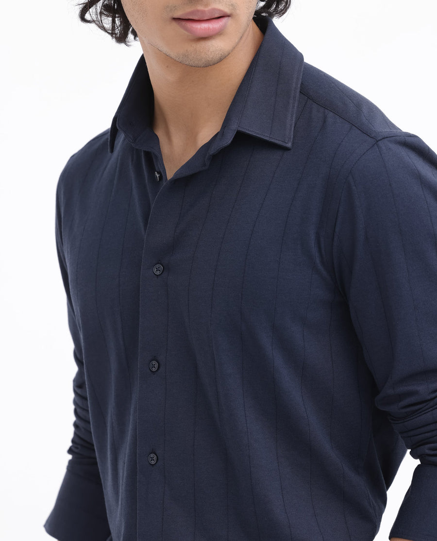 Rare Rabbit Men's Vert Ls Navy Cotton Plain Regular Fit Full Sleeve Collared Shirt