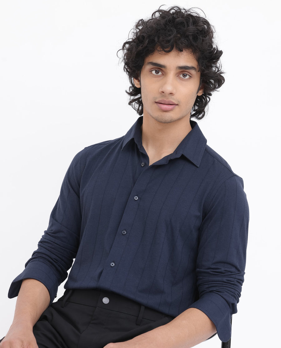Rare Rabbit Men's Vert Ls Navy Cotton Plain Regular Fit Full Sleeve Collared Shirt