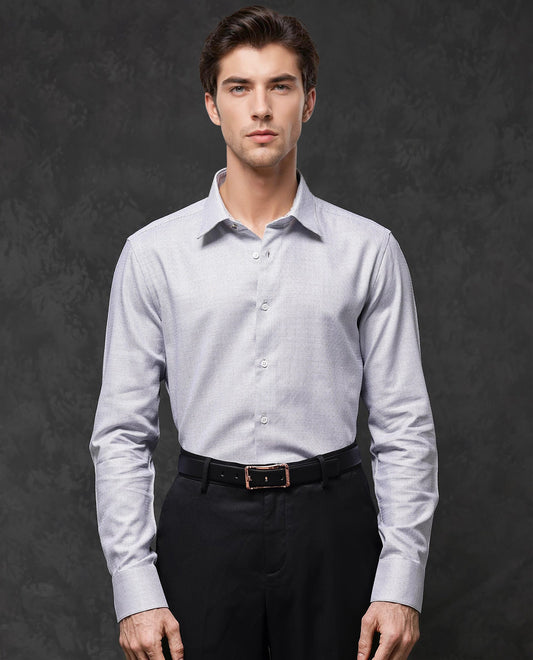 Rare Rabbit Men's Veslo Light Grey Cotton Jacquard Regular Fit Full Sleeve Collared Shirt