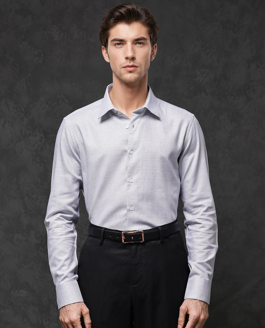 Rare Rabbit Men's Veslo Light Grey Cotton Jacquard Regular Fit Full Sleeve Collared Shirt