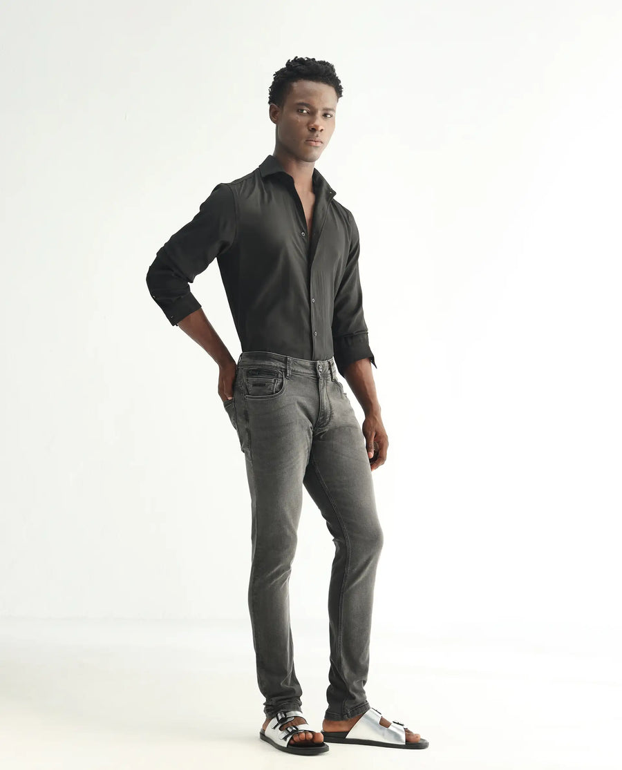 Rare Rabbit Men's Veu Grey Cotton Plain Hawk Slim Fit Jeans