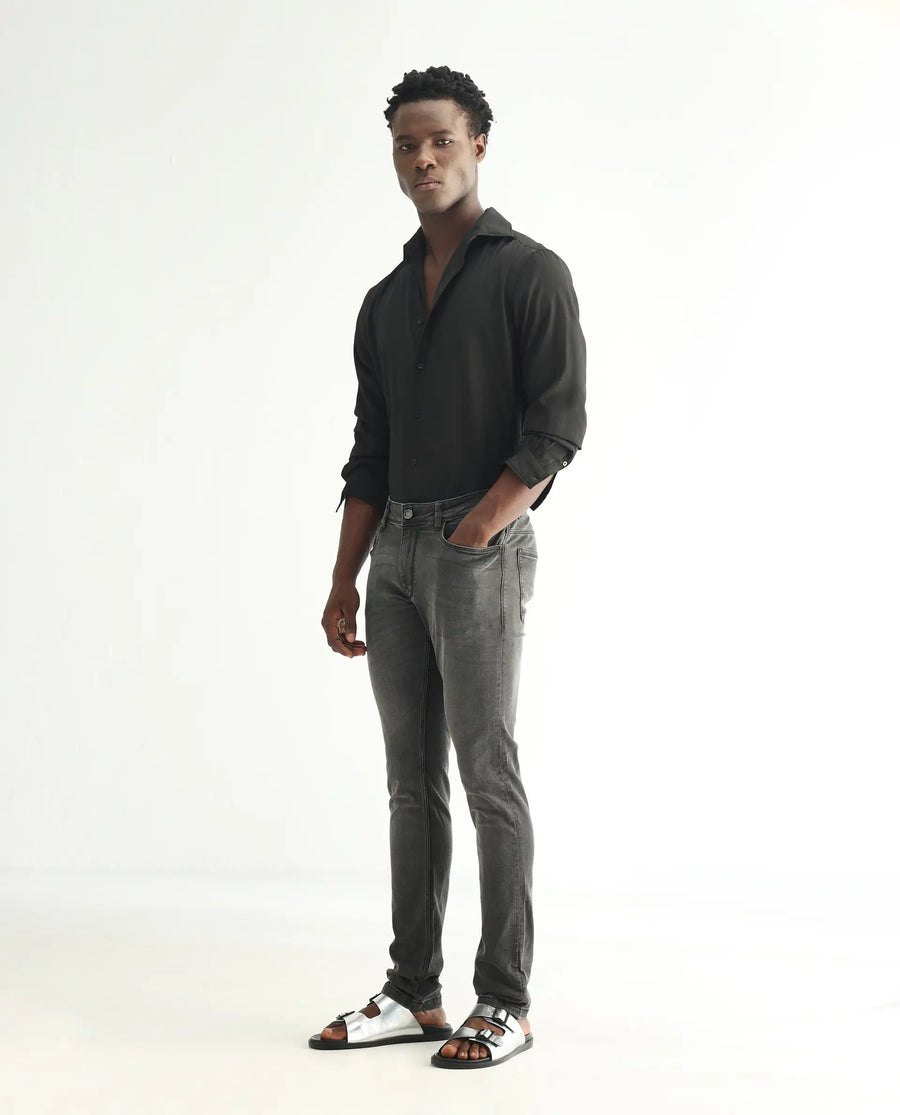 Rare Rabbit Men's Veu Grey Cotton Plain Hawk Slim Fit Jeans