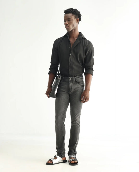 Rare Rabbit Men's Veu Grey Cotton Plain Hawk Slim Fit Jeans