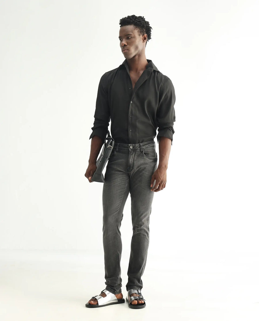 Rare Rabbit Men's Veu Grey Cotton Plain Hawk Slim Fit Jeans
