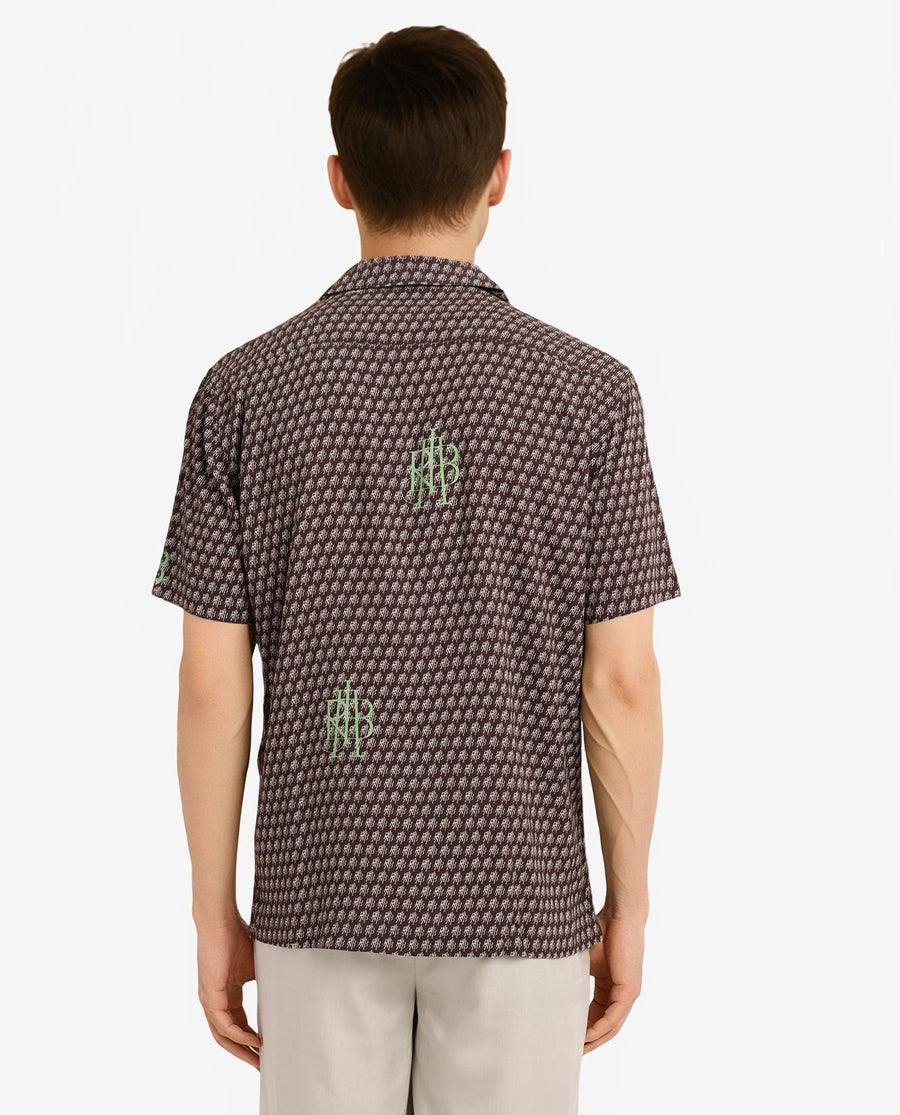 Rare Rabbit Men's Vex Brown Viscose Monogram Print Boxy Fit Half Sleeve Cuban Collar Shirt