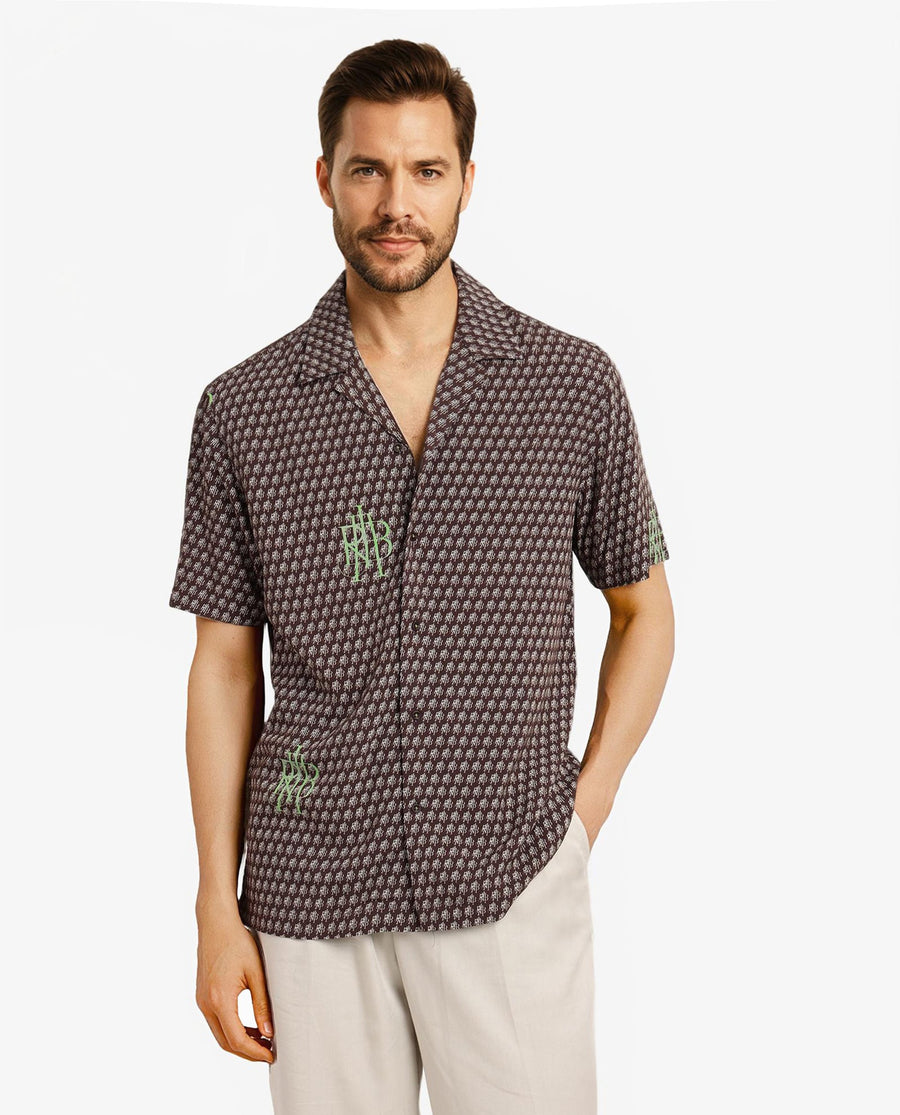Rare Rabbit Men's Vex Brown Viscose Monogram Print Boxy Fit Half Sleeve Cuban Collar Shirt